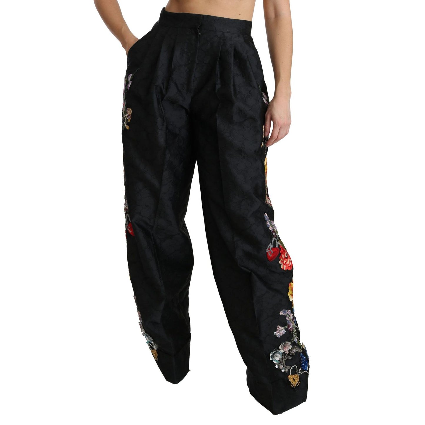 Dolce & Gabbana Black Brocade Floral Sequined Beaded Pants