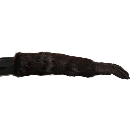 Dolce & Gabbana Brown Elbow Length Mittens Leather Fur Gloves LB1018-7.5