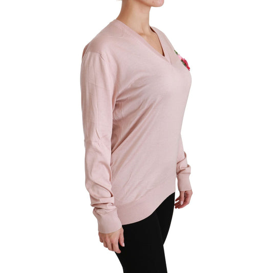 Dolce & Gabbana Pink Floral Embellished Pullover Silk Sweater TSH4453-36