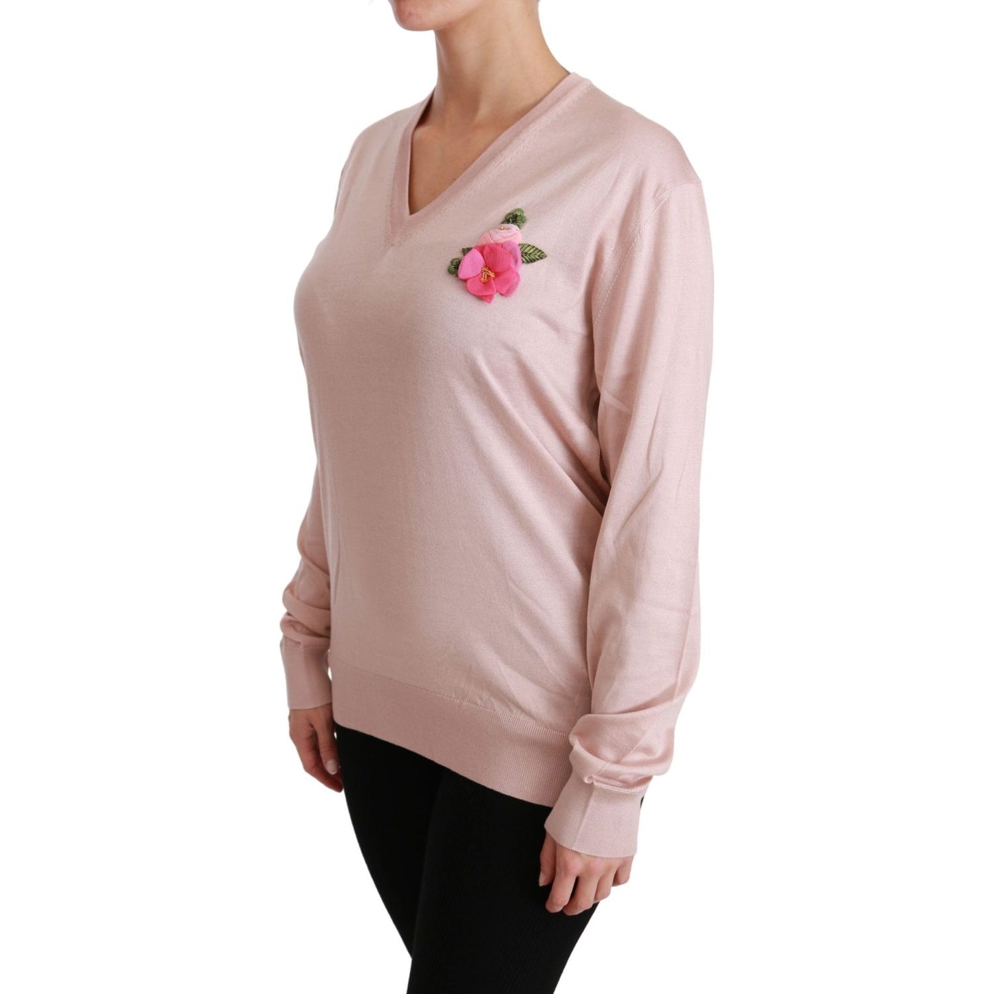 Dolce & Gabbana Pink Floral Embellished Pullover Silk Sweater TSH4453-36