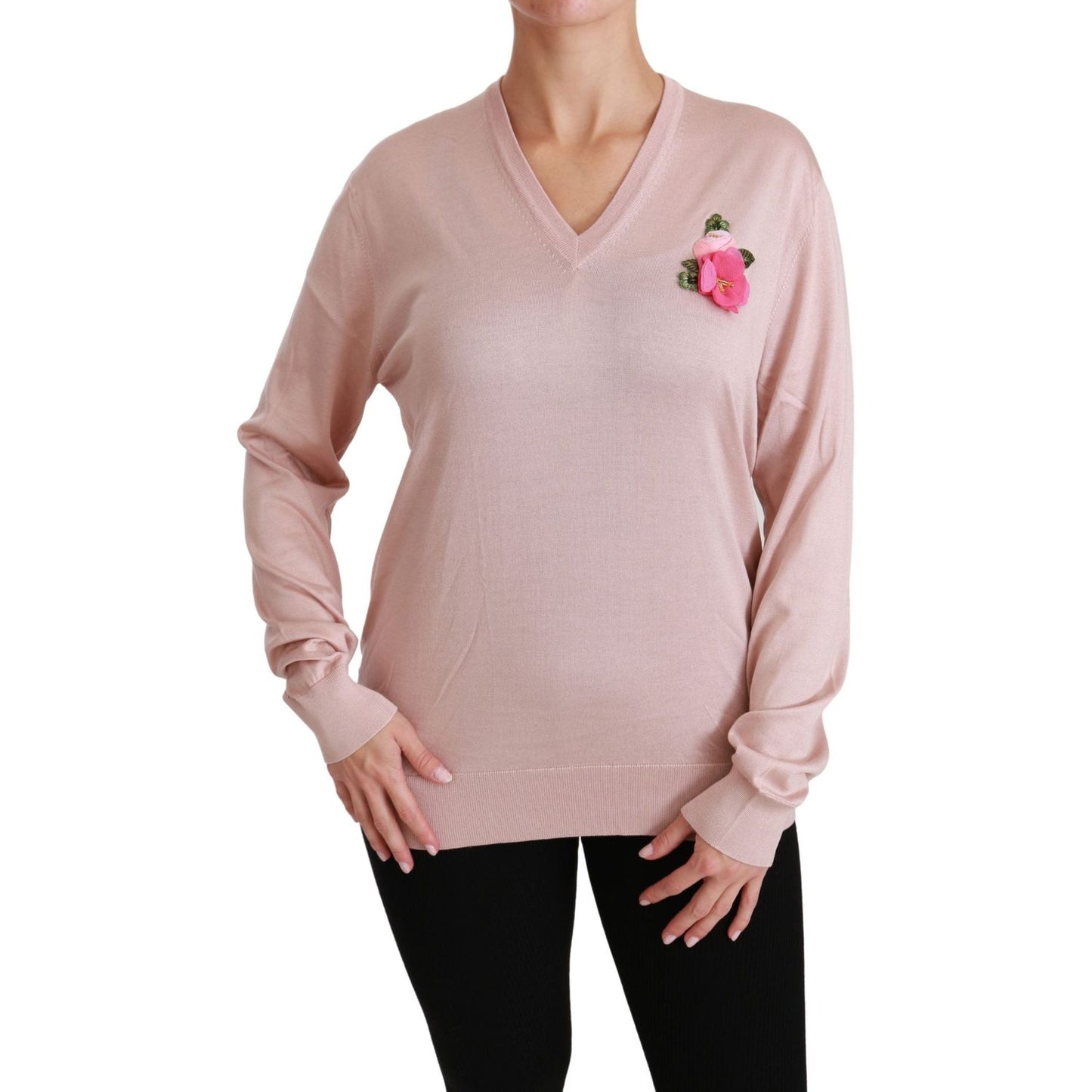 Dolce & Gabbana Pink Floral Embellished Pullover Silk Sweater TSH4453-36
