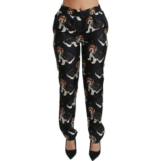 Dolce & Gabbana Black Puppy Dog Mid Waist Skinny Silk Pants PAN70818-42