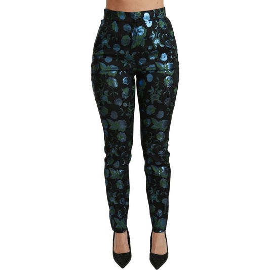 Dolce & Gabbana Blue Green Floral Metallic Slim Pants PAN70829-40
