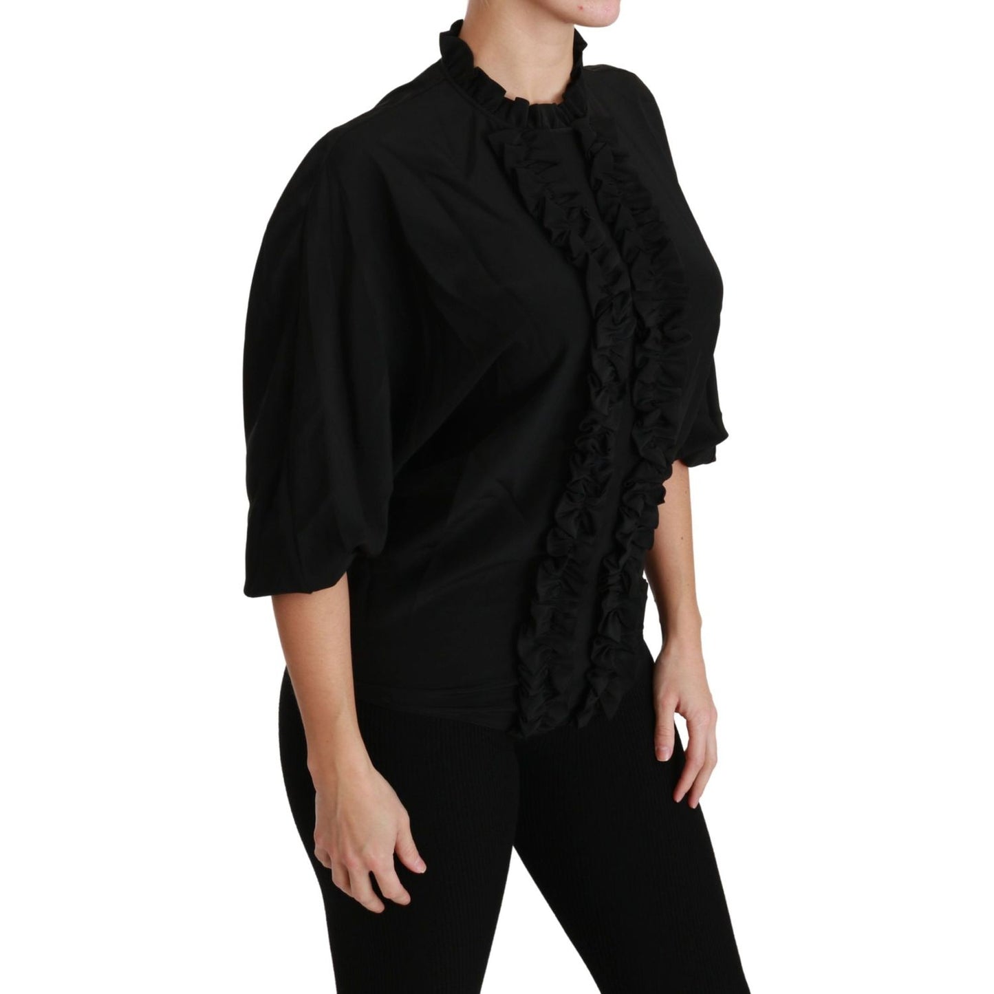 Dolce & Gabbana Black Silk Shirt Ruffled Top Blouse