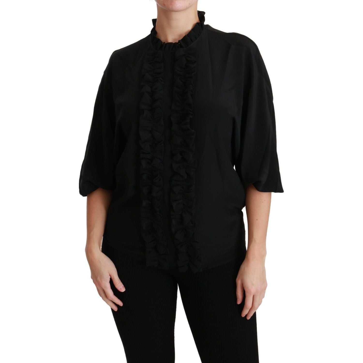 Dolce & Gabbana Black Silk Shirt Ruffled Top Blouse