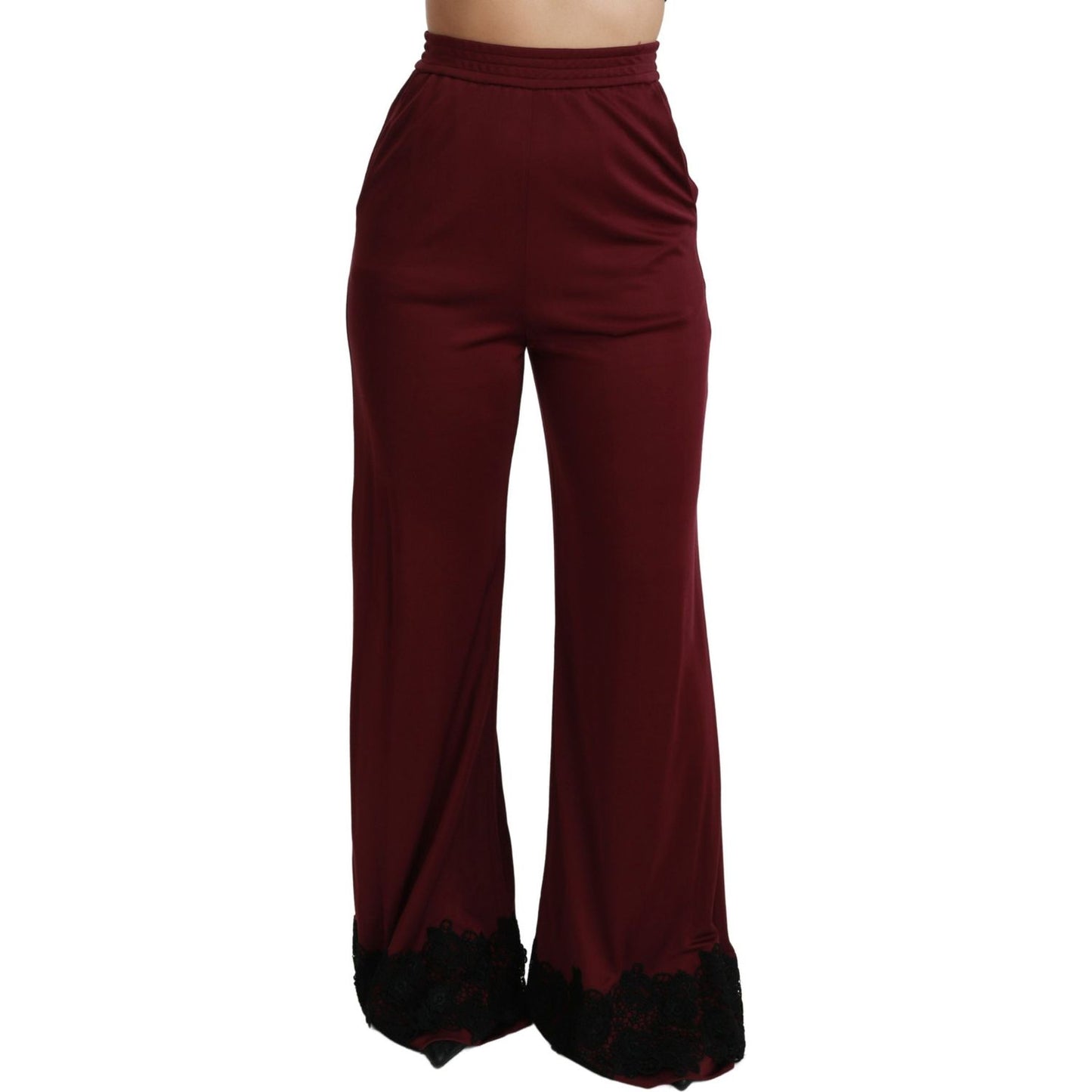 Dolce & Gabbana Black Lace High Waist Wide Leg Maroon Pants