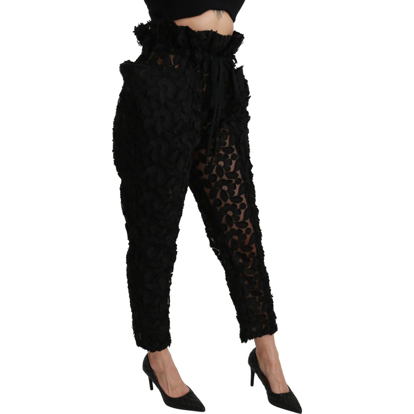 Dolce & Gabbana Black Floral Lace Tapered High Waist Pants