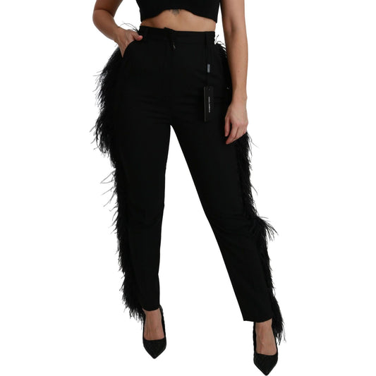 Dolce & Gabbana Black Feather Straight High Waist Wool Pants PAN70953-40