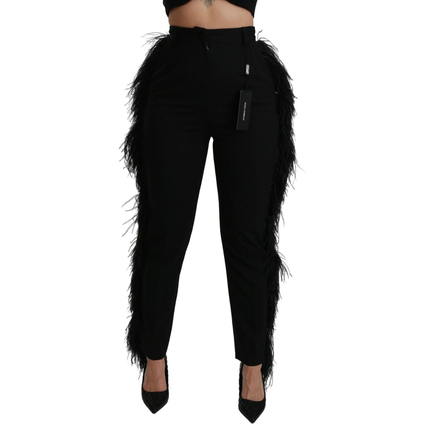 Dolce & Gabbana Black Feather Straight High Waist Wool Pants
