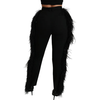 Dolce & Gabbana Black Feather Straight High Waist Wool Pants