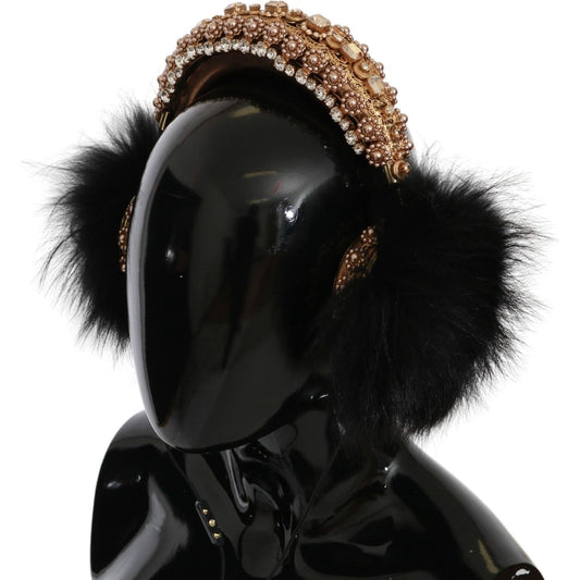 Dolce & Gabbana Gold Black Crystal Fur Headset Audio Headphones SMY3042