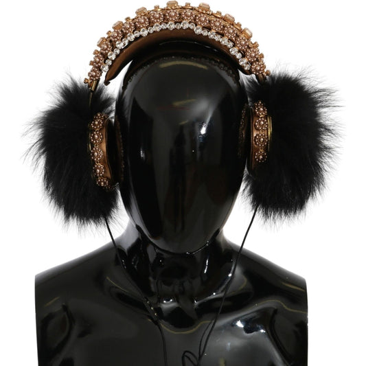 Dolce & Gabbana Gold Black Crystal Fur Headset Audio Headphones SMY3042