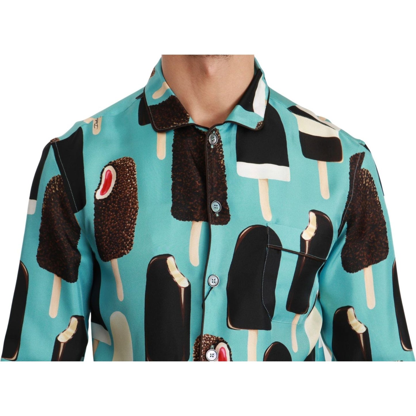 Dolce & Gabbana Blue Silk Ice Cream Print Casual Shirt TSH4481-37