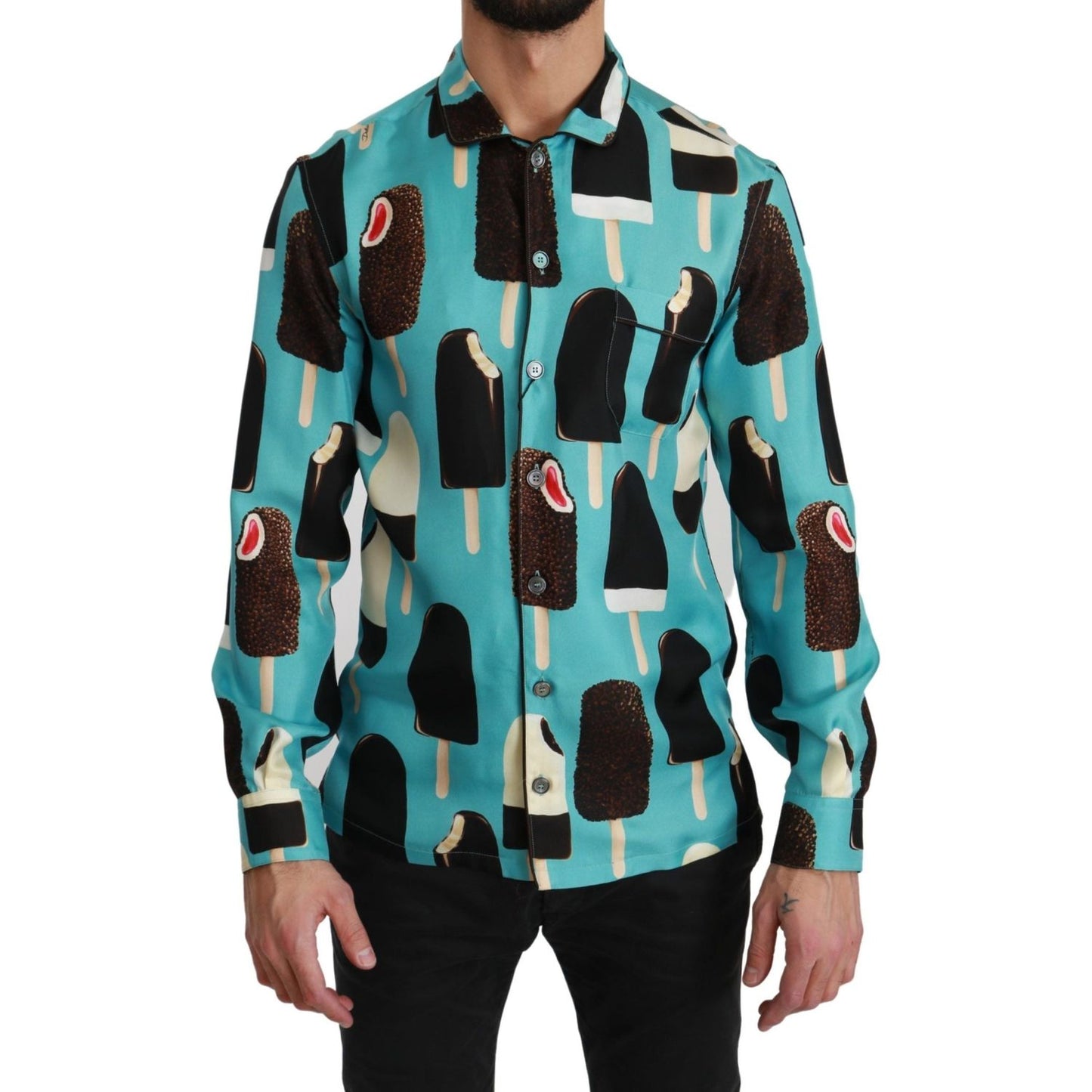 Dolce & Gabbana Blue Silk Ice Cream Print Casual Shirt TSH4481-37