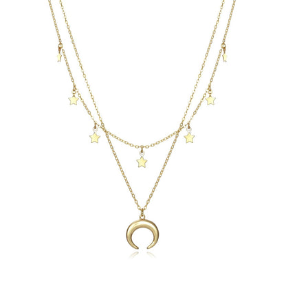 Elegant gold layered necklace with star charms and crescent moon pendant, stylish design for fashion-forward individuals.