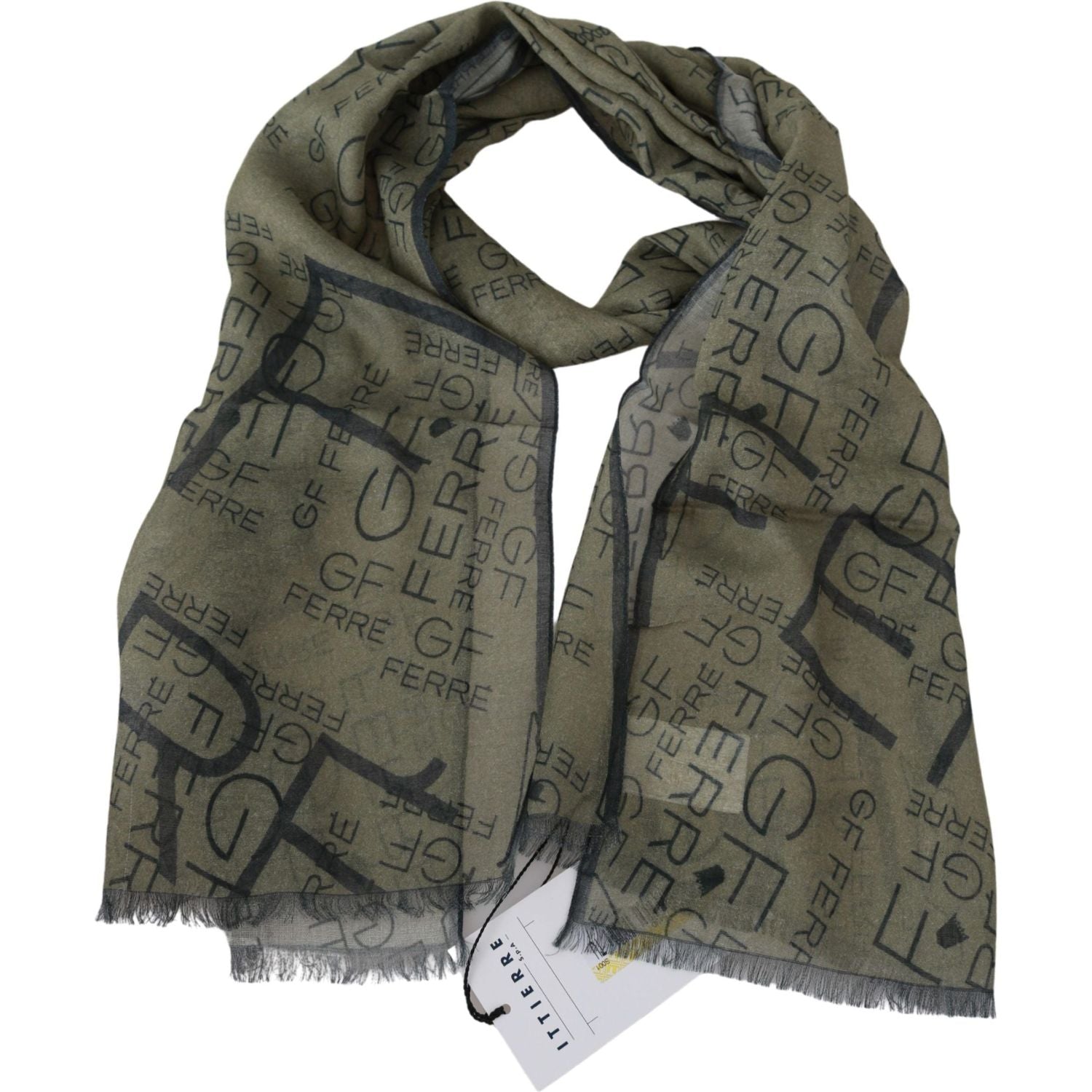 GF Ferre Green Wool Viscose Foulard Patterned Branded Scarf