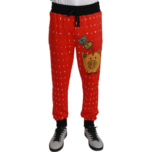Dolce & Gabbana Red Piggy Bank Cotton Crystal Trousers Pants PAN70957-44