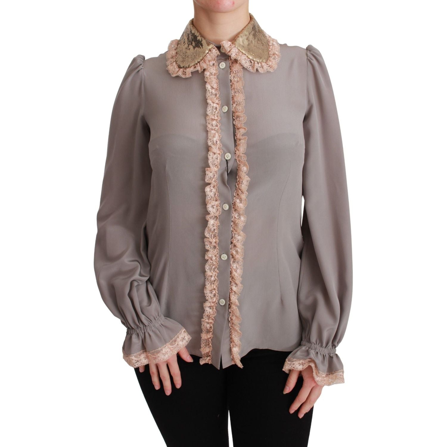 Dolce & Gabbana Gray Silk Gold Sequin Lace Blouse Shirt