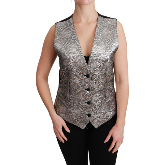 Dolce & Gabbana Silver Brocade Sleeveless Metallic Top TSH5052-38