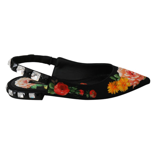 Dolce & Gabbana Black Floral Crystal Slingbacks Flats Shoes LA6572-36