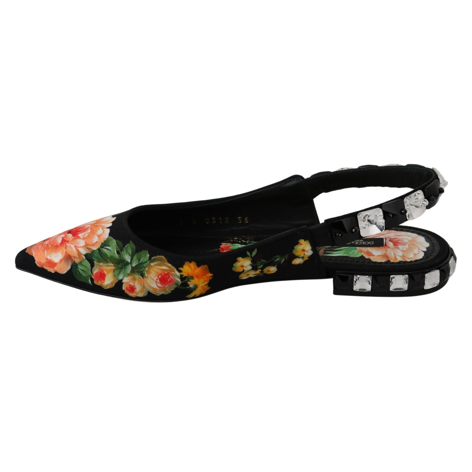 Dolce & Gabbana Black Floral Crystal Slingbacks Flats Shoes