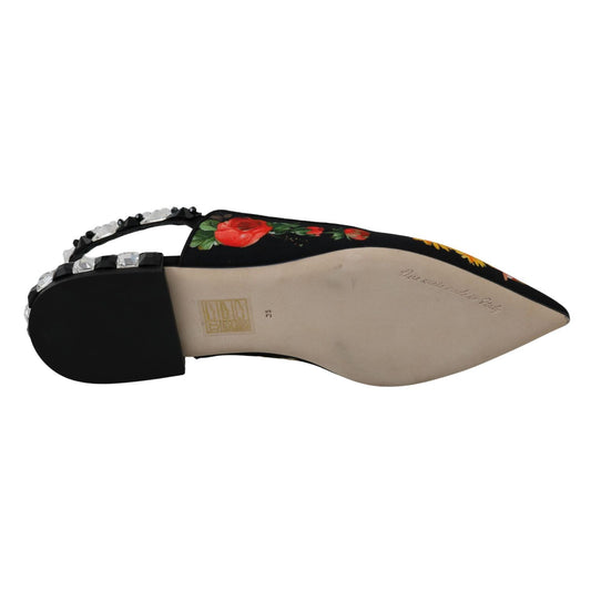 Dolce & Gabbana Black Floral Crystal Slingbacks Flats Shoes LA6572-36