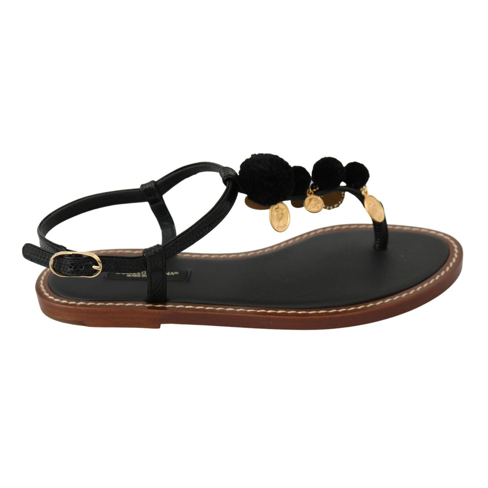 Dolce & Gabbana Black Leather Coins Flip Flops Sandals Shoes LA6577-35