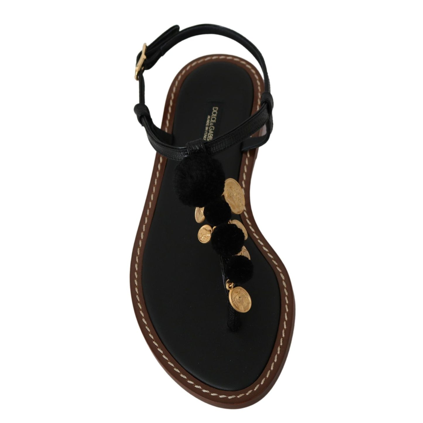Dolce & Gabbana Black Leather Coins Flip Flops Sandals Shoes LA6577-35