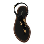 Dolce & Gabbana Black Leather Coins Flip Flops Sandals Shoes LA6577-35