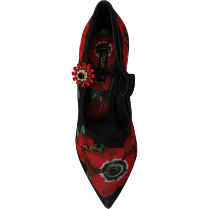 Dolce & Gabbana Black Red Floral Mary Janes Pumps Shoes