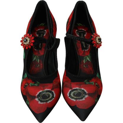 Dolce & Gabbana Black Red Floral Mary Janes Pumps Shoes