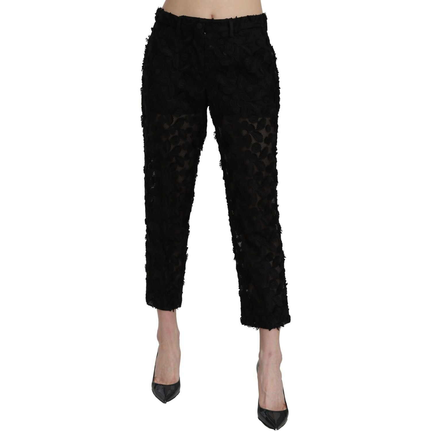 Dolce & Gabbana Black Lace Straight Cropped High Waist Pants
