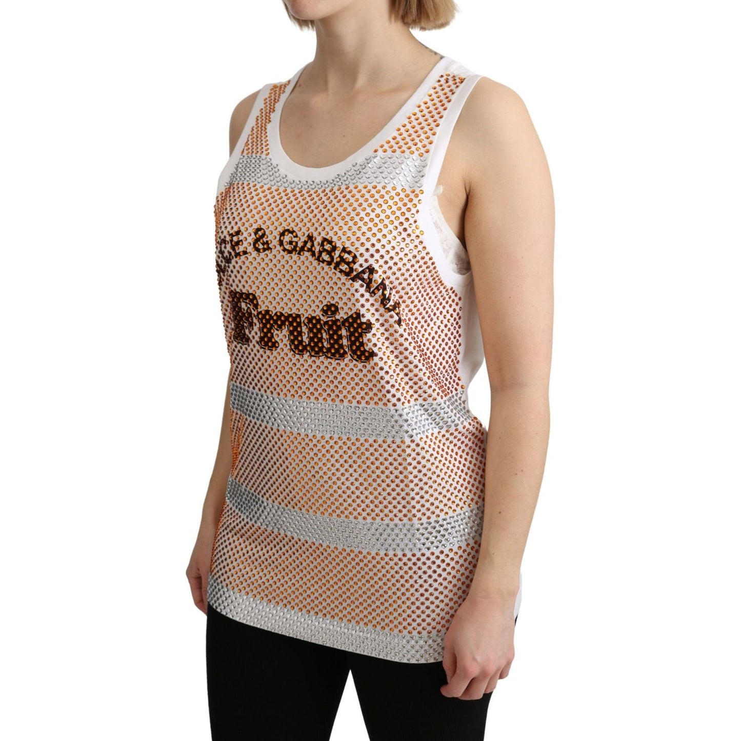 Dolce & Gabbana White Orange Crystal Sleeveless Tank Cotton Top TSH5139-40