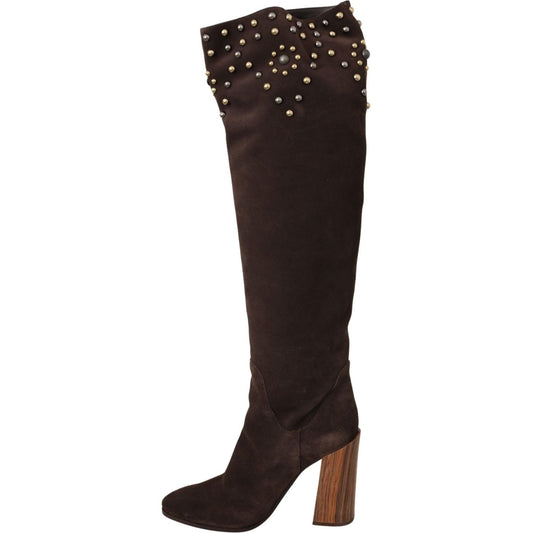 Dolce & Gabbana Brown Suede Studded Knee High Shoes Boots LA7086-39