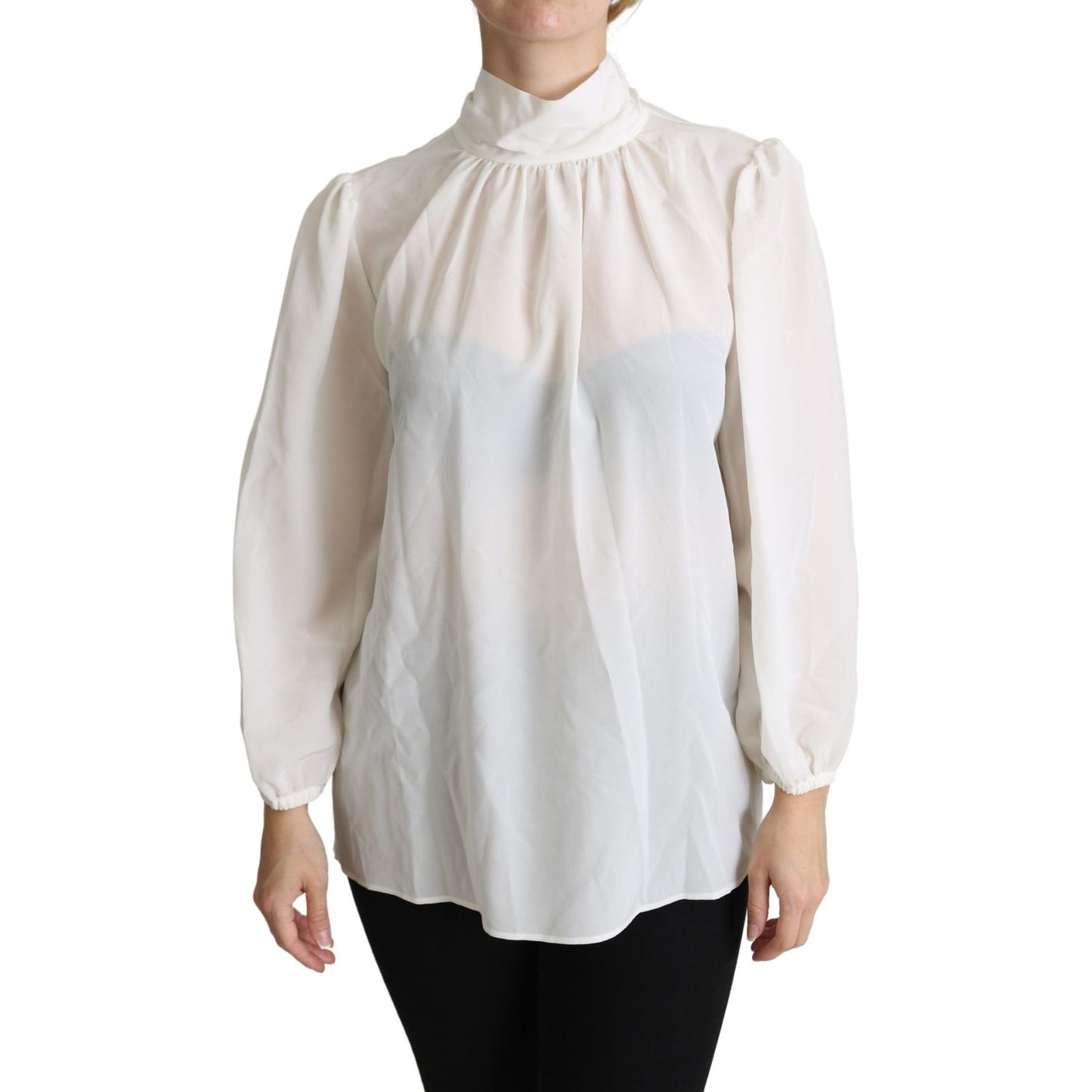 Dolce & Gabbana White Silk Pussy Bow Long Sleeved Top Blouse TSH5358-44