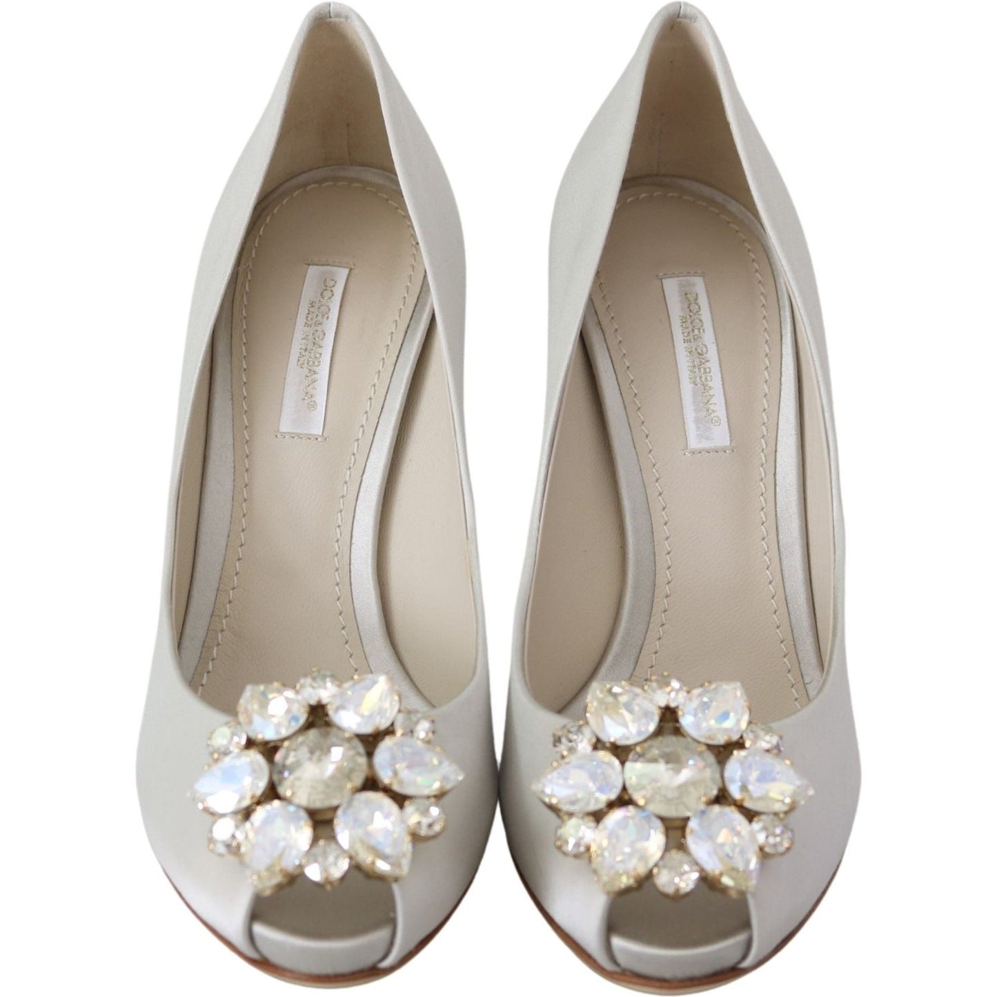 Dolce & Gabbana White Crystals Peep Toe Heels Satin Pumps Shoes