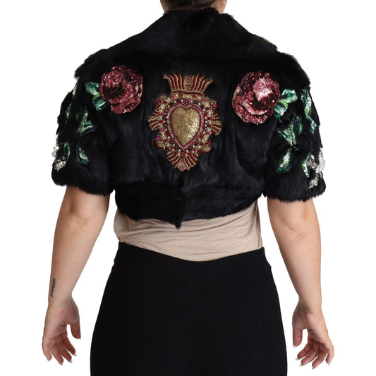 Dolce & Gabbana Black Rabbit Fur Crystals Sequin Coat JKT2805-36