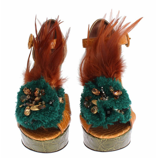 Dolce & Gabbana Orange Leather Crystal Platform Sandal Shoes LA1119-36