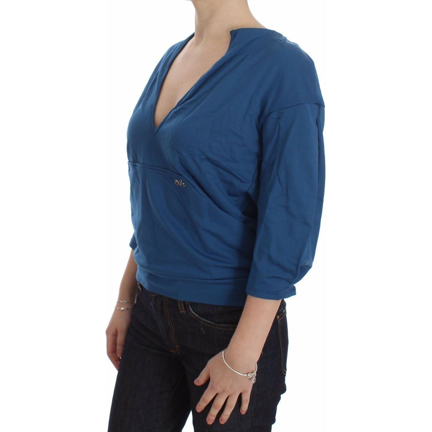 Exte Blue Cotton Top Pullover Deep V-neck Women Sweater