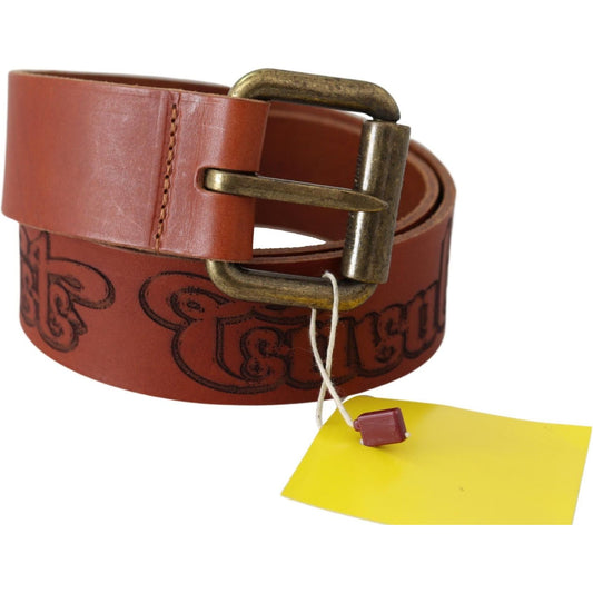 Just Cavalli Brown Leather Logo Bronze Rustic Metal Buckle Belt BEL8028-85