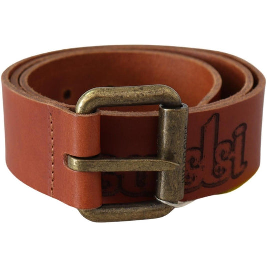Just Cavalli Brown Leather Logo Bronze Rustic Metal Buckle Belt BEL8028-85