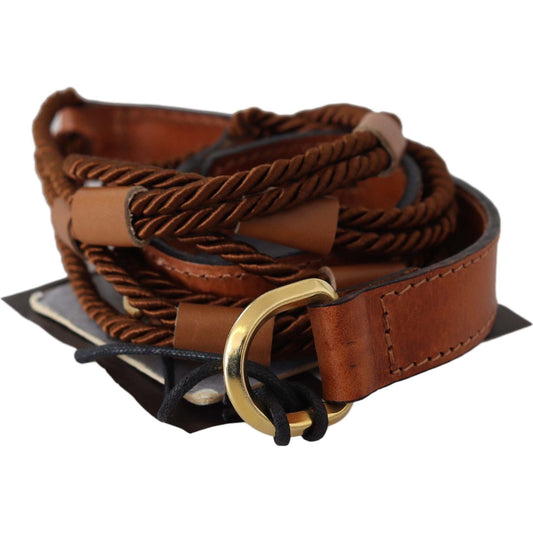 Scervino Street Brown Leather Braided Rope Gold Buckle Belt BEL8152-90