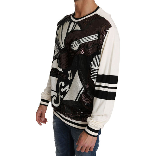 Dolce & Gabbana White Jazz Sequined Guitar Pullover Top Sweater TSH2521-IT44