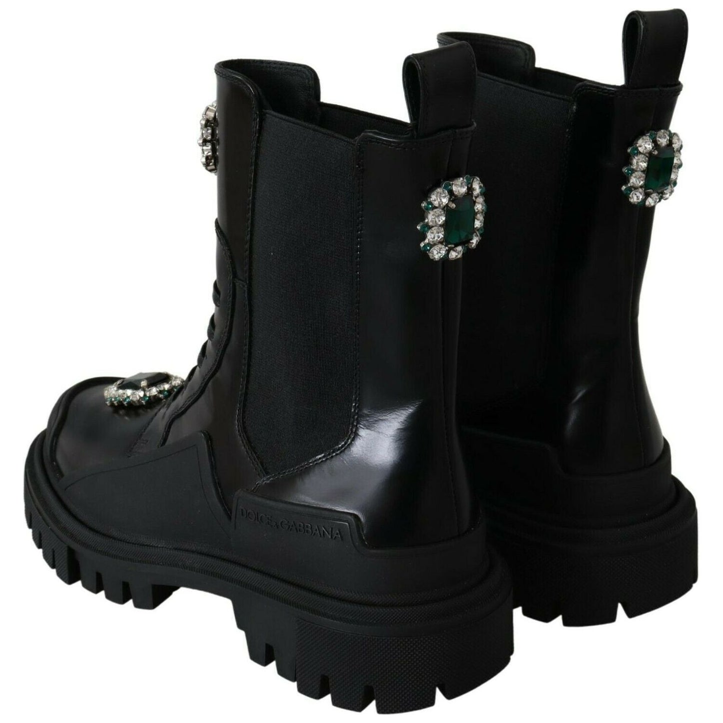 Dolce & Gabbana Black Leather Crystal Combat Boots
