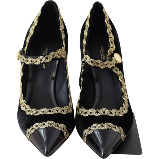 Dolce & Gabbana Black Velvet Gold Mary Janes Pumps LA8669-35
