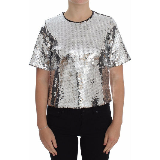 Dolce & Gabbana Silver Sequined Crewneck Blouse T-shirt Top SIG20502-40