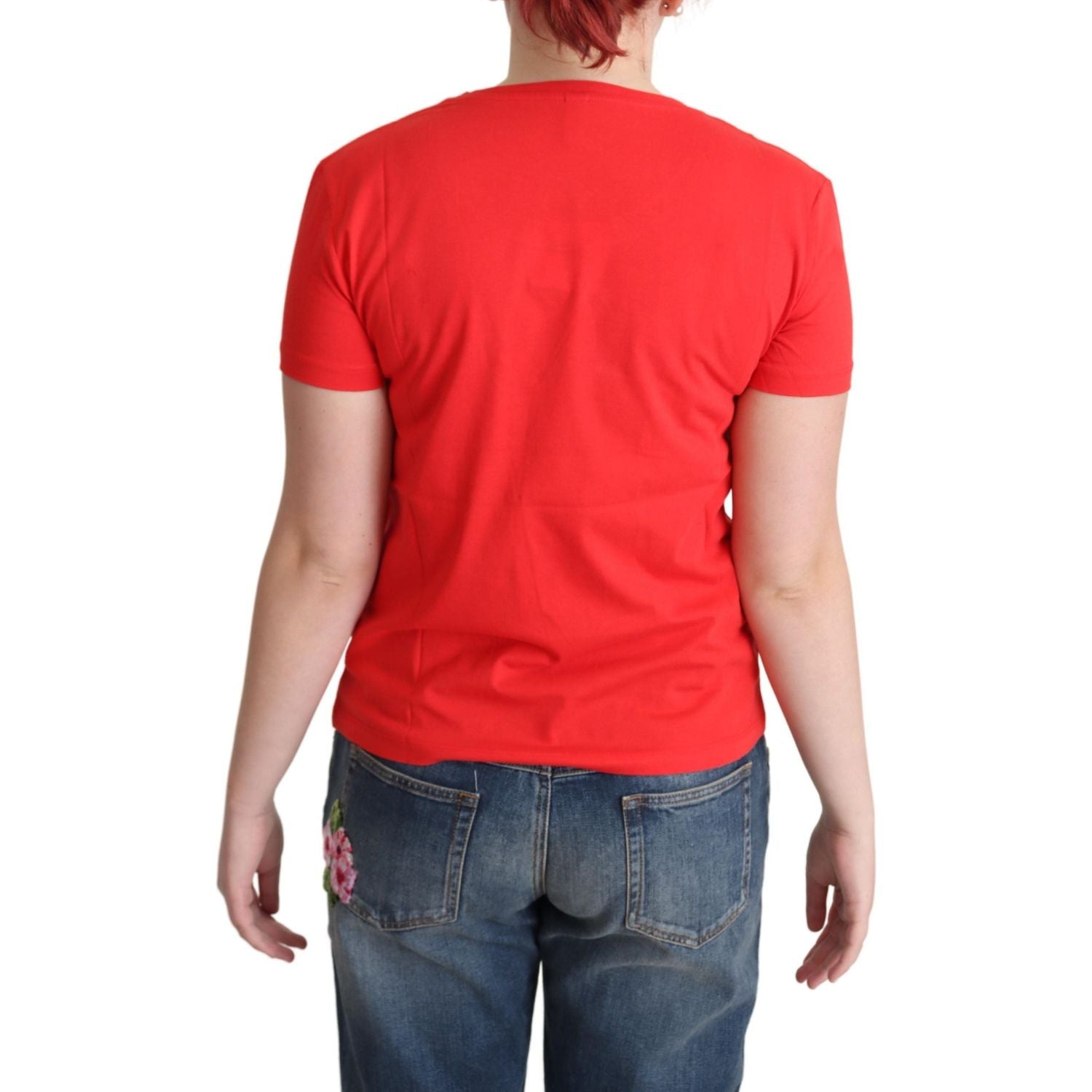 تي شيرت موسكينو شيك من القطن باللون الأحمر مع طبعة مميزة