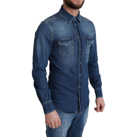Dolce & Gabbana Blue Cotton Stretch Long Sleeves Denim Shirt TSH6194-38