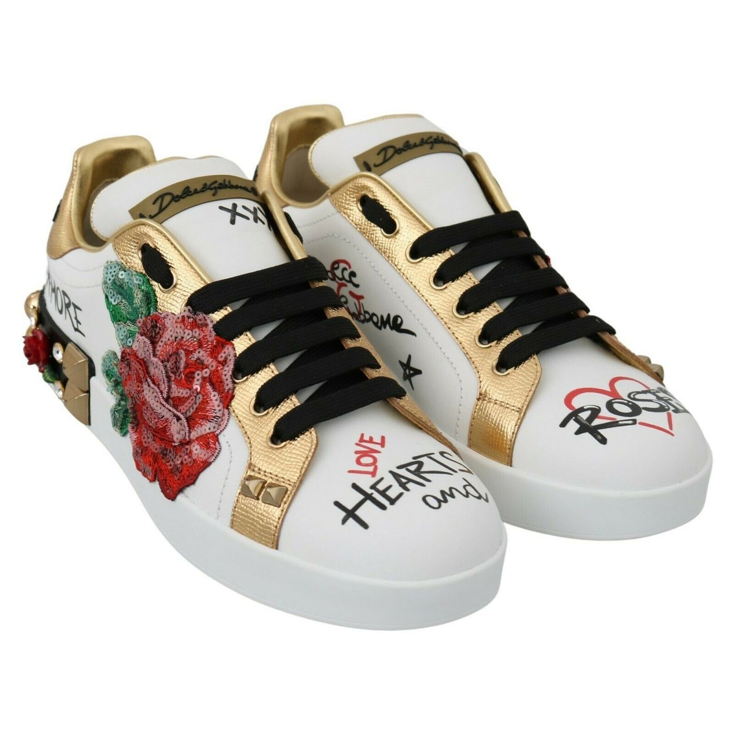 Dolce & Gabbana White Roses Sequined Crystal Womens Sneakers Shoes