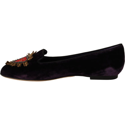 Dolce & Gabbana Purple Velvet DG Heart Loafers Flats Shoes